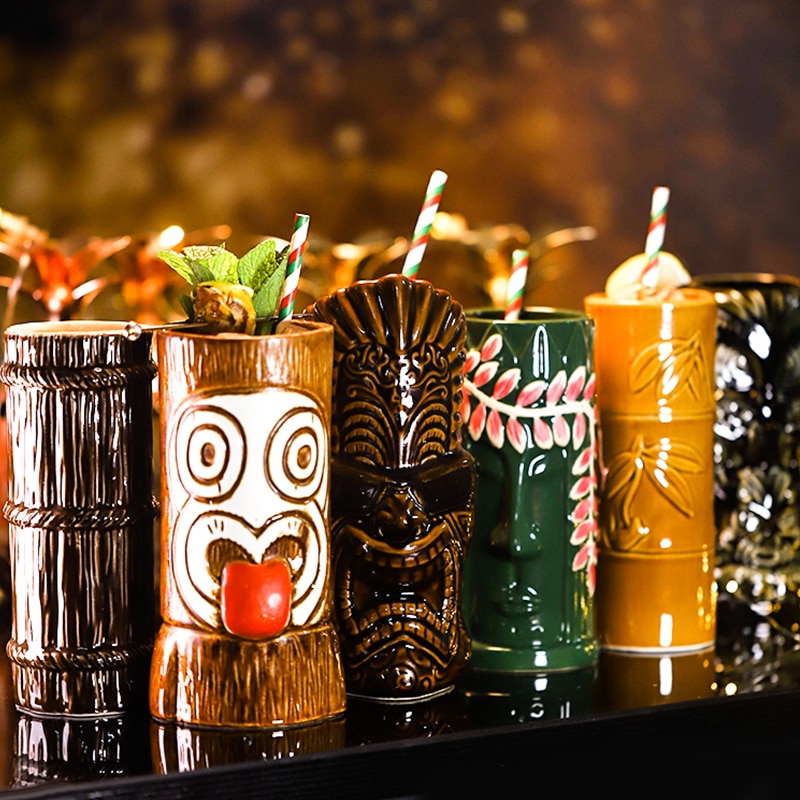 Copa Tiki Hawaiana para bebidas frías, estatua traviesa con cabeza de león para cóctel, vaso de cerámica para vino, Tiki, 425-600ml
