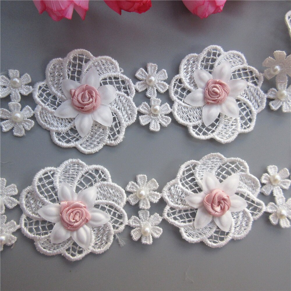 10X5Cm 3D Parel Roze Bloemen Geborduurde Kant Trim Lint Patches Applique Stof Diy Trouwjurk Naaibenodigdheden craft