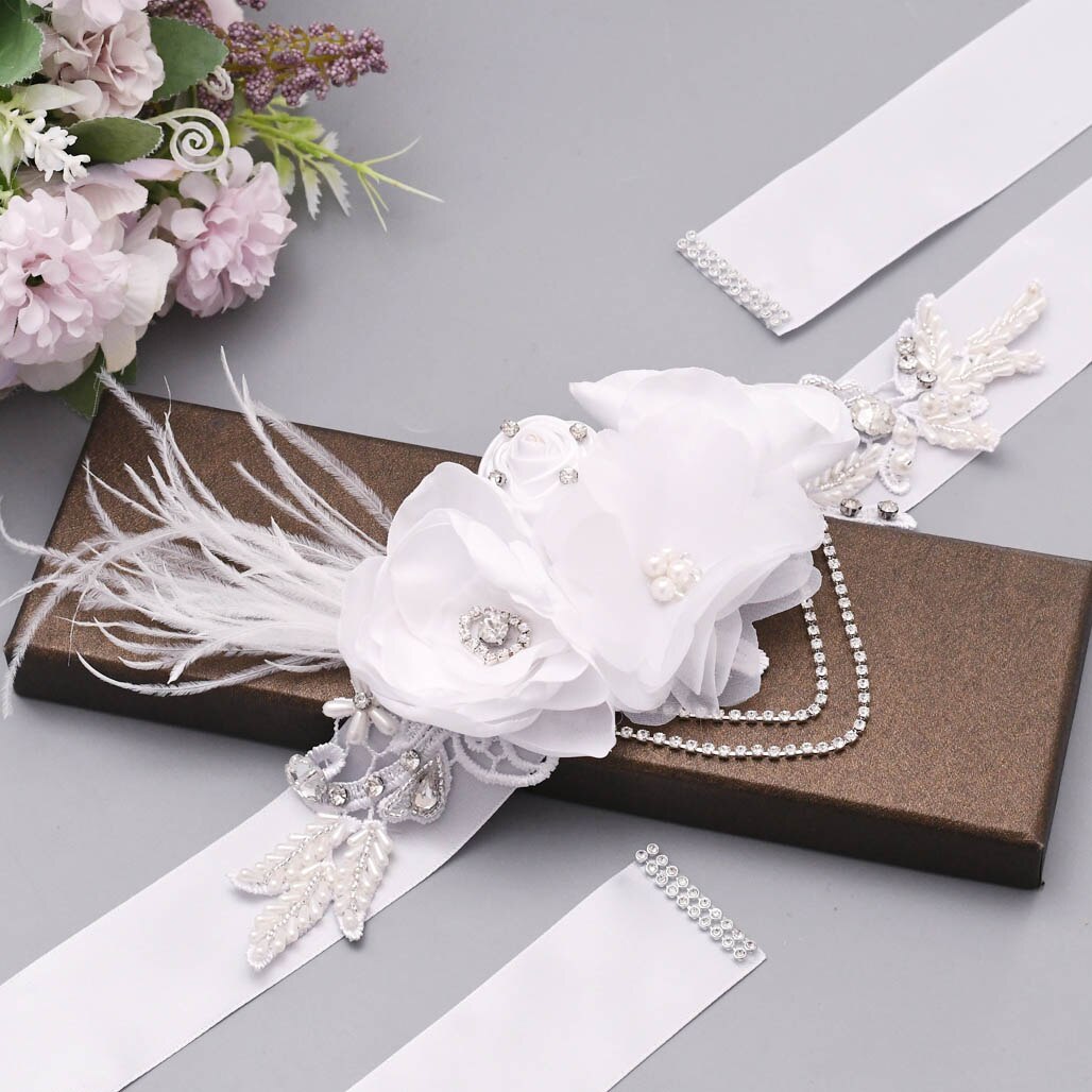 Cinturón de lujo con flores y plumas grandes para mujer, fajín de señora para de boda con diamantes de imitación y cinturón para chica de cristales, S478