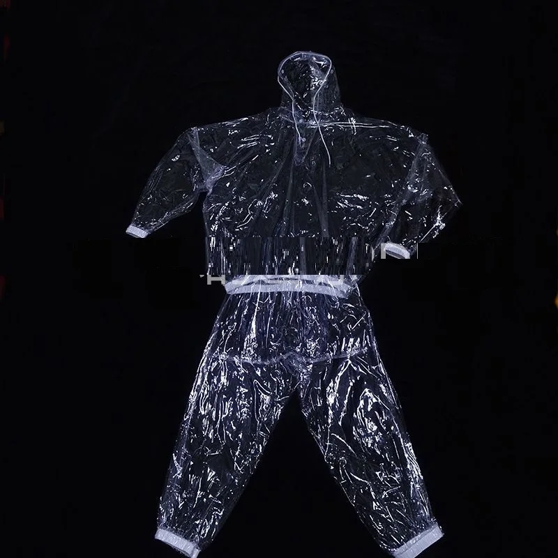 Doorzichtige, transparante hoodie met lange mouwen en capuchon, waterdicht en regenbestendig, met bijpassende broek, live show danskostuums, hiphop, plastic love: Xl