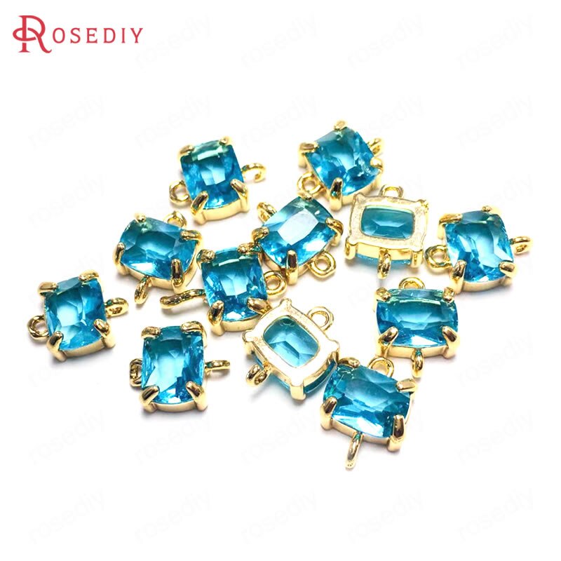 (38230)6PCS 8x10MM 24K Champagne Gold Color Brass and Glass 2 Holes Rectangle Connect Charms Pendants Diy Findings Accessories: Lake Blue