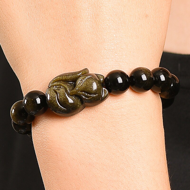 Natuursteen Goud Obsidiaan Vos Mannen Armband Trendy Animal Foxhound Ronde Kralen Armbanden Voor Vrouwen Krachtige Stretch Bangle