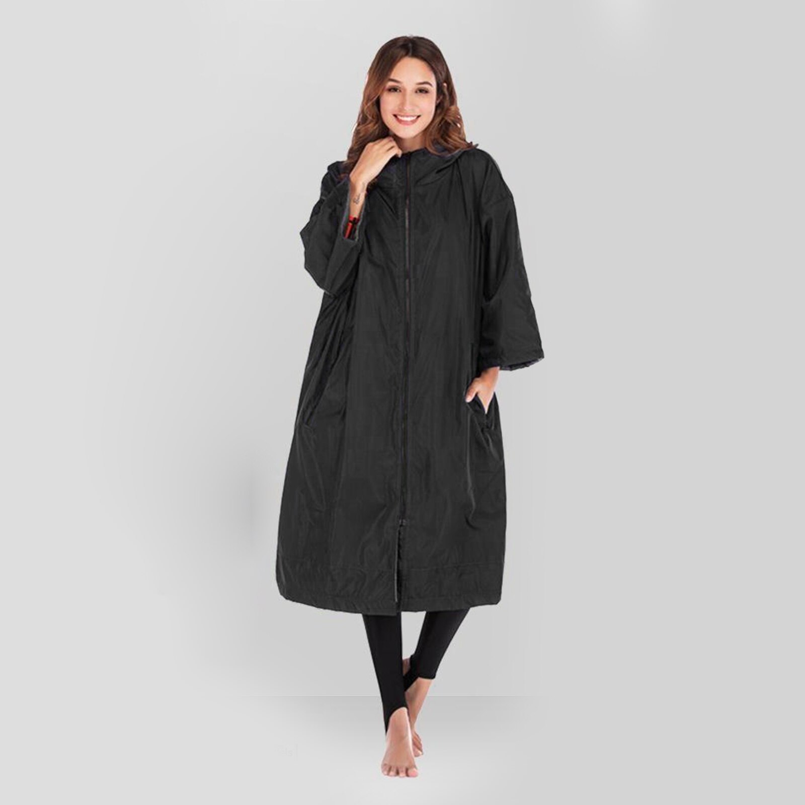 Vip-Adult Waterproof Changing Robe 3/4 Sleeve Beach Changing Robe Jacket Outdoor Windbreaker Cloak Fleece Lining Coat Poncho: Black