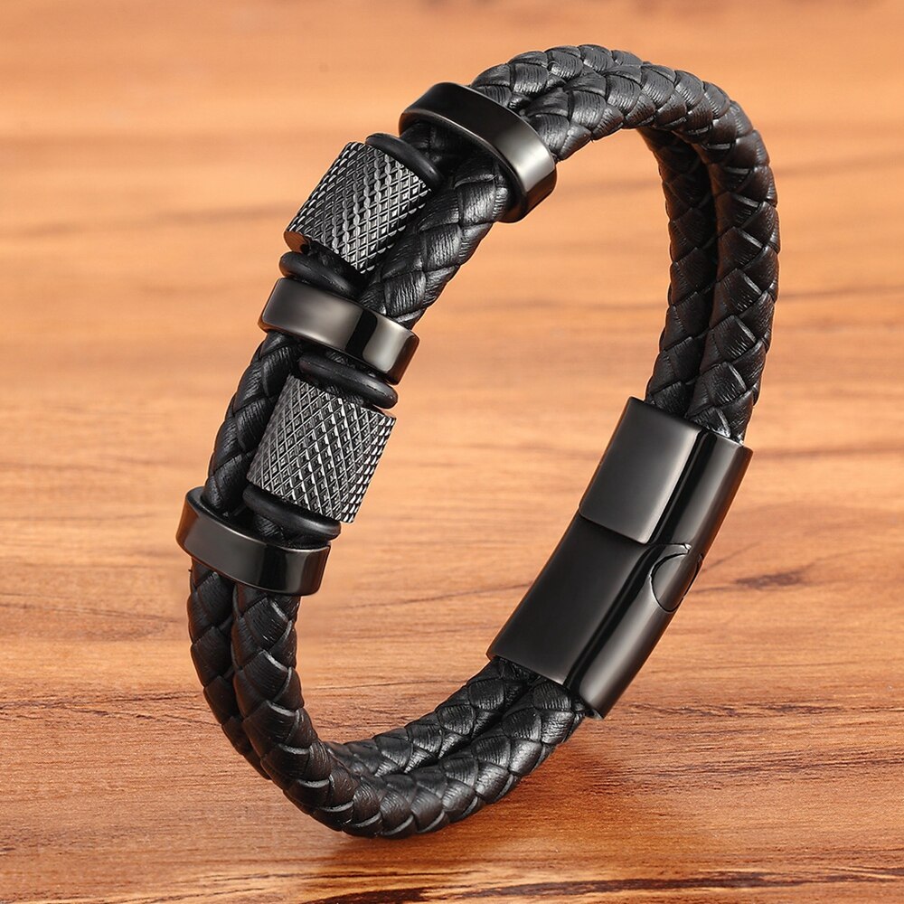 Brand Geometric Stainless Steel Leather Bracelets Vintage Handmade Braided Men Male Cuff Sporty Bracelets: Black / 19cm