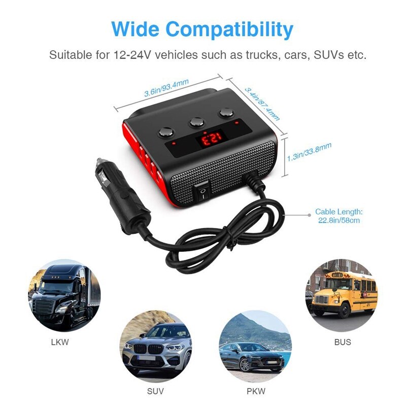 Auto Sigarettenaansteker Adapter, 100W 12V/24V Autolader Met 4 Usb-poorten En 3 Sockets Sigarettenaansteker Power Splitter, on/Off