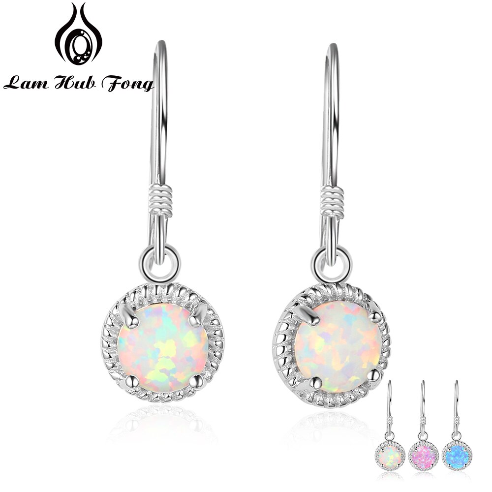 925 Sterling Zilveren Ronde White Opal Oorbellen Classic Dangle Oorbellen voor Vrouwen Bruids Bruiloft Sieraden (Lam Hub Fong)