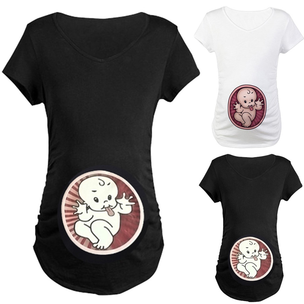 4 # chemise de grossesse maternité mignon bébé imprimer col rond manches courtes T-shirt enceintes hauts Ropa Embarazada Verano Zwanger