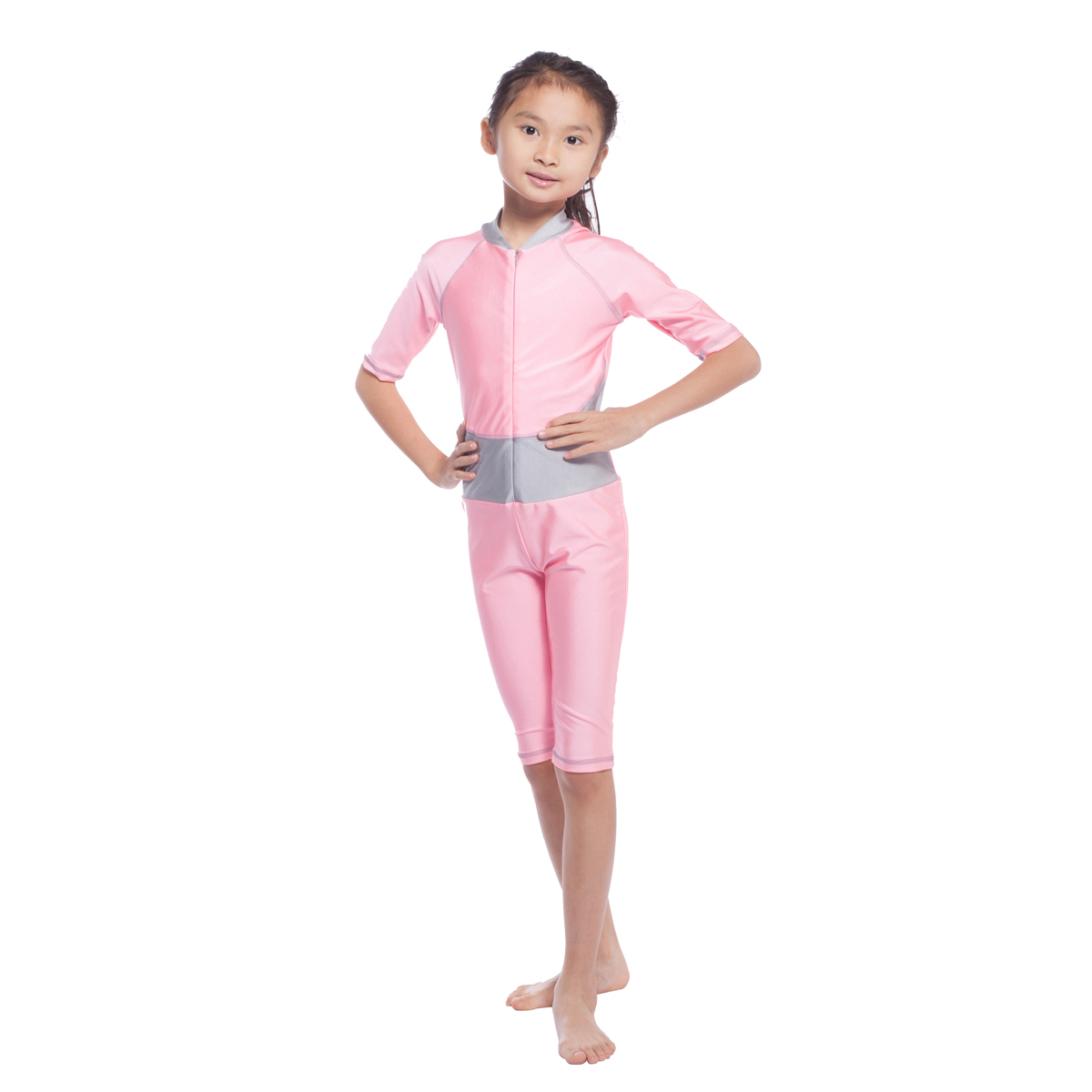 Msulim – ensemble de natation quatre saisons pour filles, combinaison en nylon Patchwork burkini à demi-manches, pantalon mollet, enfants islamiques modeste: pink / L