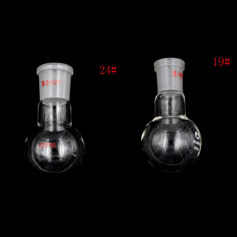 1 Uds matraz de un solo cuello química frasco de ebullición 24/29 19/26 1-Cuello 50ML Cristal de fondo redondo de