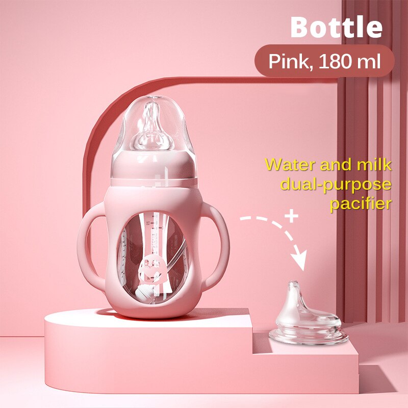 Baby flasche Glas Dual Verwenden und freundlicher Trinkbecher Flasche Griff Griff für Natürliche Breite Mund PP Glas Silikon griff: Rosa 180ML Tasse Kopf