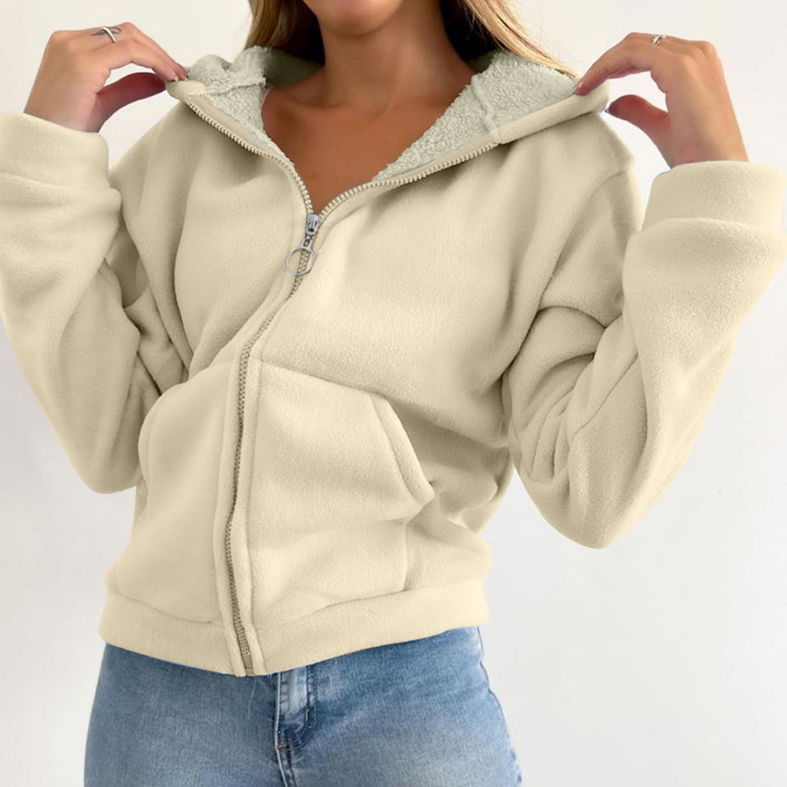 Trendy Sweatshirt Coat Front Pockets Warm Zipper Lamb Wool Jacket Men And Woman Winter Solid Color Plush Lined Cardigan Hoodie