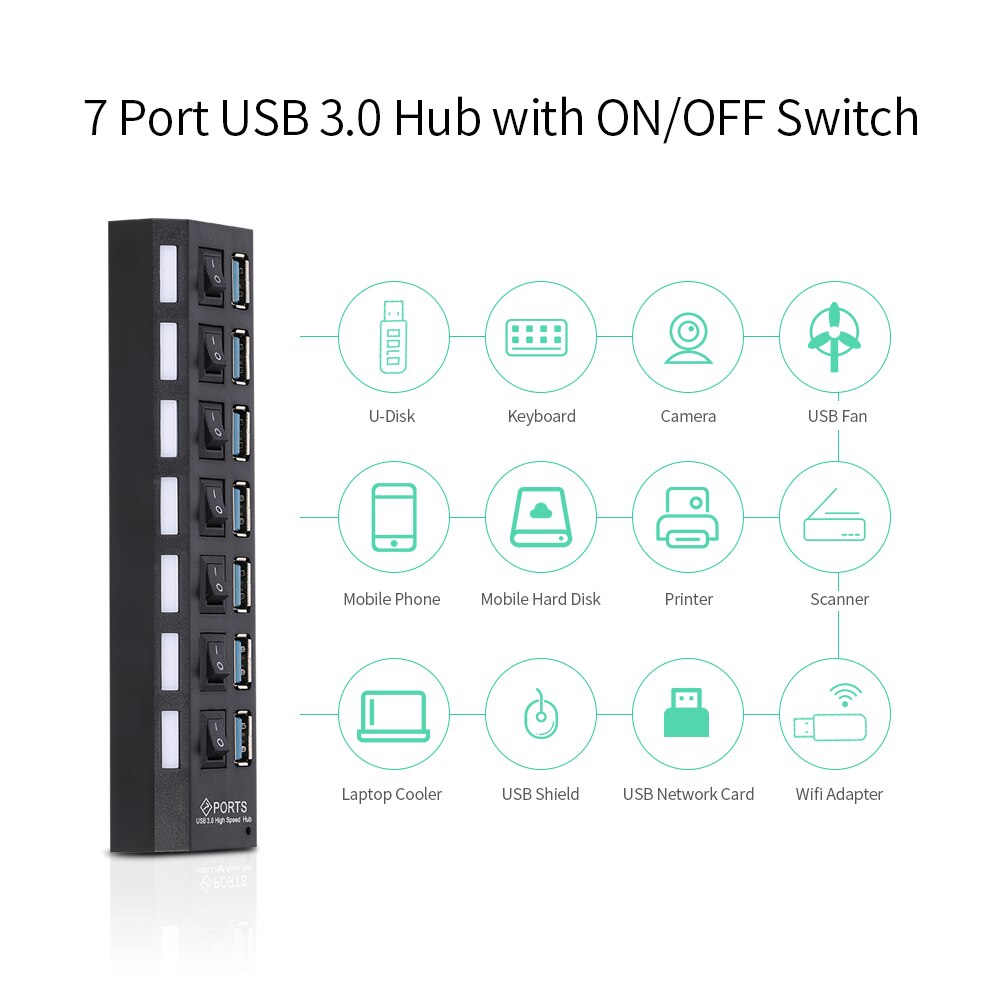 7- -poorts usb 3.0- hub usb-splitter 7- poorts expander met schakelaar voor pc