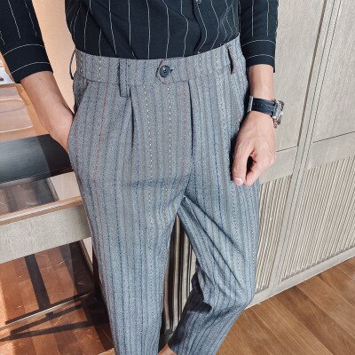Heren gestreepte casual broek slim british business kleur gestreept borduurwerk kleine broek heren trendy broek