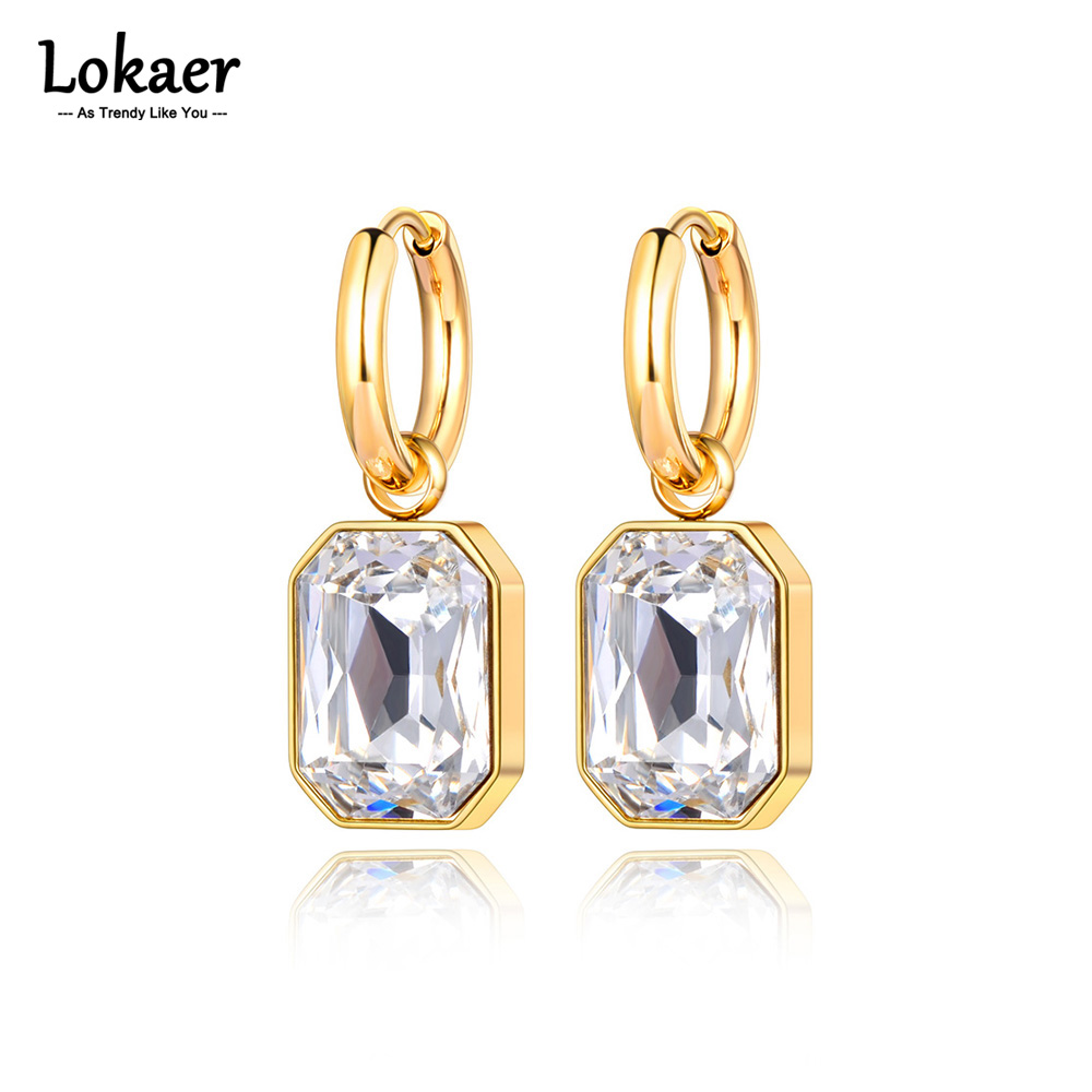 Lokaer-pendientes de aro cuadrados geométricos de acero inoxidable, aretes de cristal de circonia cúbica brillante, joyería para mujer,ьги E22115