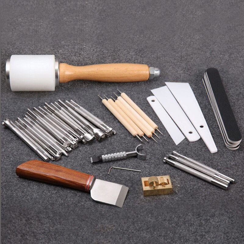 Lederen Staming Set Lederen Craft Carving Gereedschap Voor Leer Afdrukken Snijmes/Hamer/Lederen Draaibare Mes/Tool opbergdoos