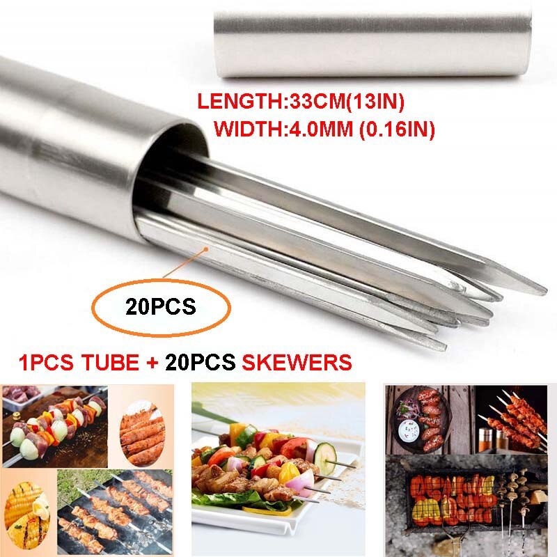 35cm lange flade metbbq spyd rustfrit stål 20 stk grillspyd genanvendelige nålepinde med rør shish kabob grill