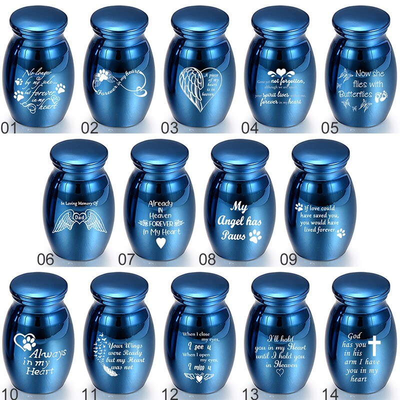Blauwe as-herdenkingssteen voor huisdieren, liefdeshart, engelen vleugels, mini-urn, as-houder, as-urn, rouwcontainer, pot