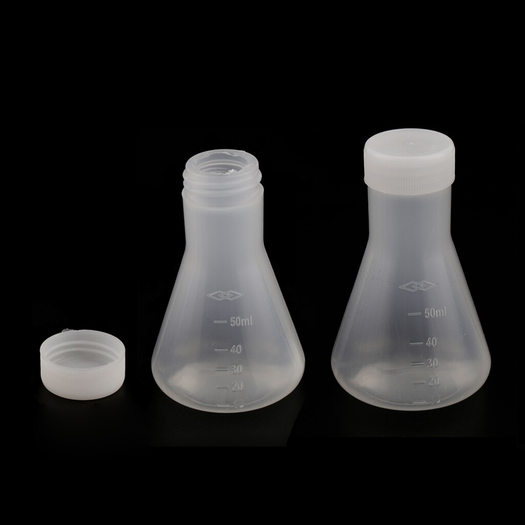 2 piezas 50ml Lab graduado matraz Erlenmeyer de plástico cónico con tapa, medición, pared engrosada lisa