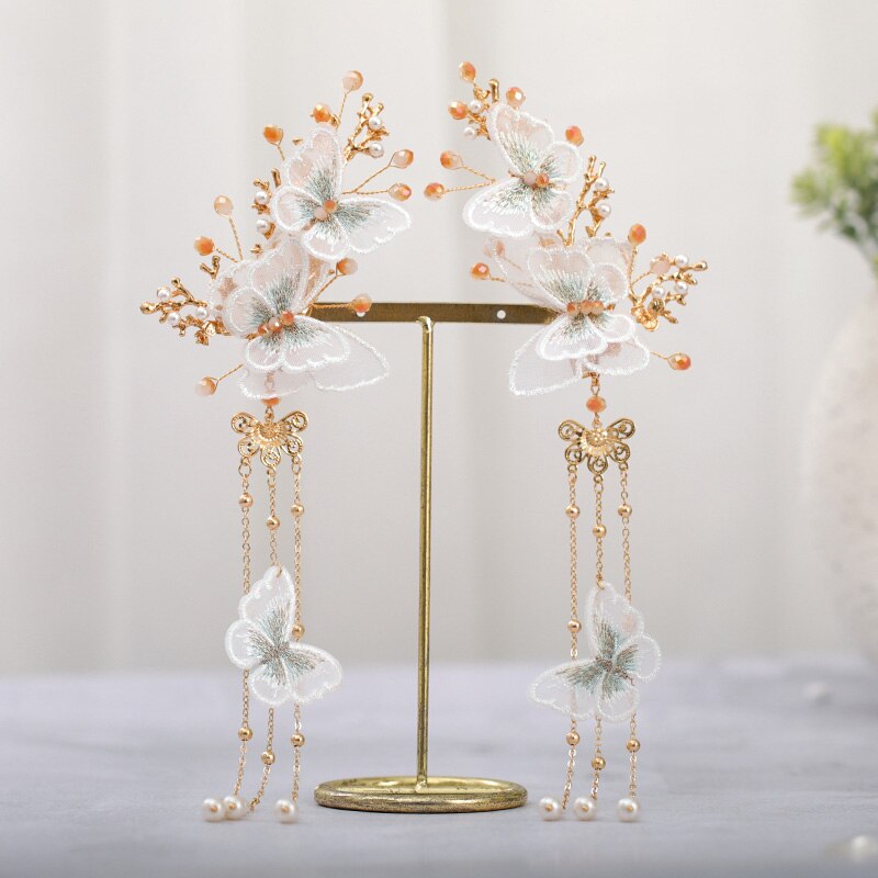 FORSEVEN Schmetterling Blume Schritt Schütteln Lange Quaste Kristall Perlen Haarnadeln Clips Haar Kämme Ohr Clips Chinesische Hochzeit Schmuck setzt