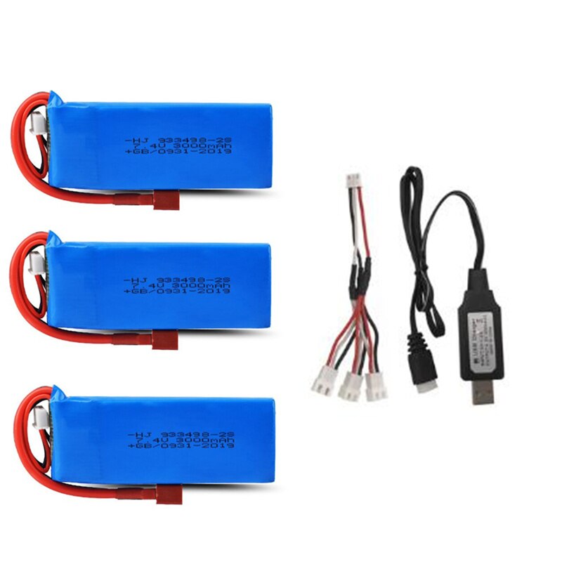 Wltoys 144001 Car 2s 7.4V 3000mAh Upgraded Lipo Battery T Plug For Wltoys 1/14 144001 RC Car Boat Lipo Battery Parts Upgraded: 3batteryusb