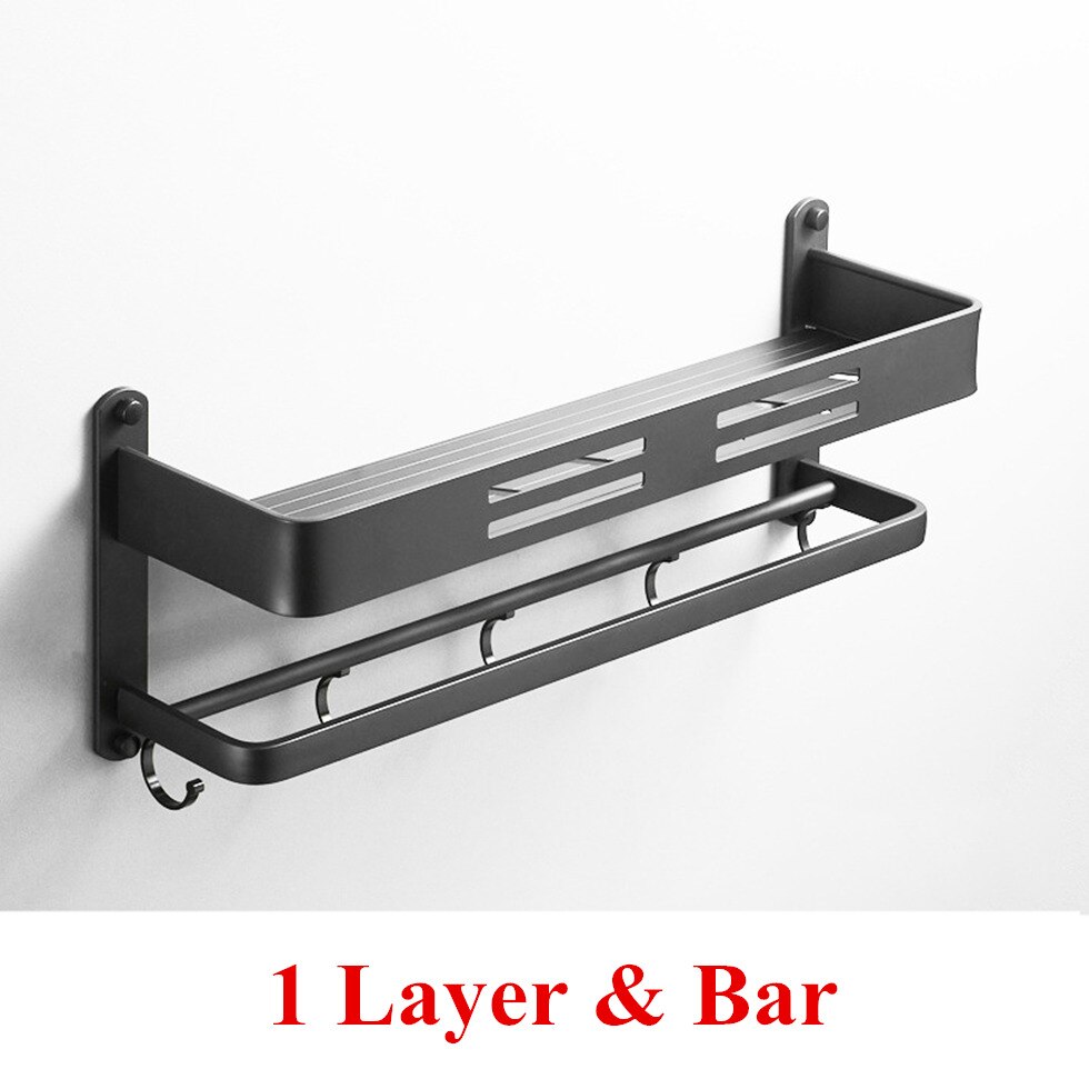Sort badeværelseshylde brusekabine vægmonteret køkken badestativ med barkrog plads aluminiumshylder organizer opbevaring etagere: 1 lag med stang