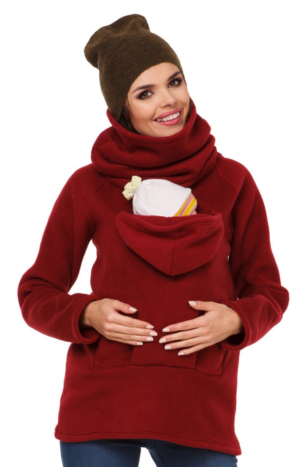 Maternité multi-fonction kangourou pull manteau tenue de bébé manteau Spot manteaux pour femmes maternité enceinte en hiver: Red / 75cm