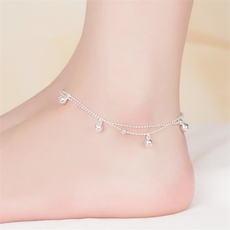 KOFSAC 925 Sterling Silver Anklets For Women Beach Party Cute Beads Chain Bells Bracelets Foot Jewelry Girl