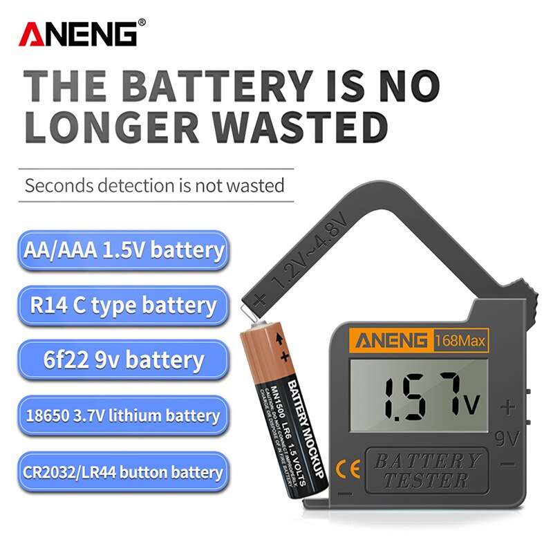 ANENG 168Max Universal Digital LCD Lithium Battery Checker Volt Tester For AA AAA C D 9V Button Cell