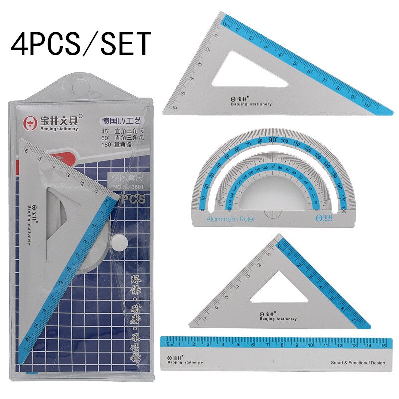 Aluminum alloy ruler Fillet safety Right Angle Triangle Ruler and 15cm ruler Protractor Student geometry tools: 1 Set Blue