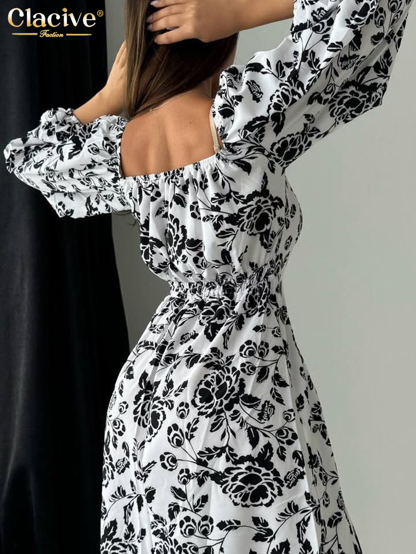 Clacive slim print damekjole bodycon firkantet krave lange ærmer midikjoler klassisk slids damekjole
