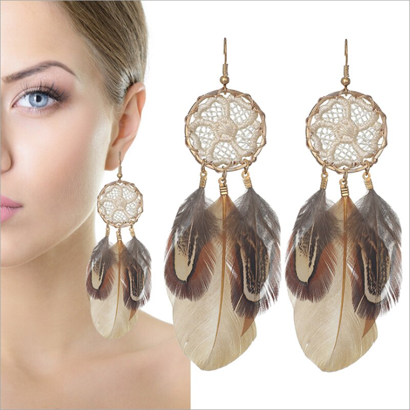Bohemian Woven Dream Catcher Feather Dangle Earrings for Woman Trendy Boho Long Tassel Earring Wedding Jewelry: E1439-Khaki