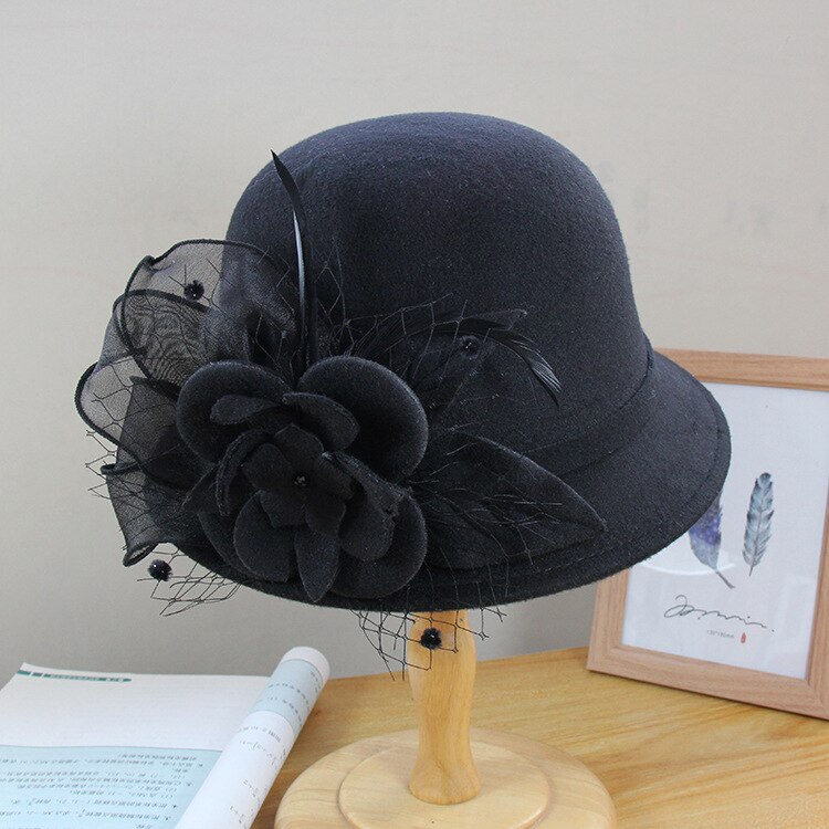 Sombreros de novia Vintage con flor de lana, tocado de pelo , sombrero de noche, velo de novia, accesorios de boda,