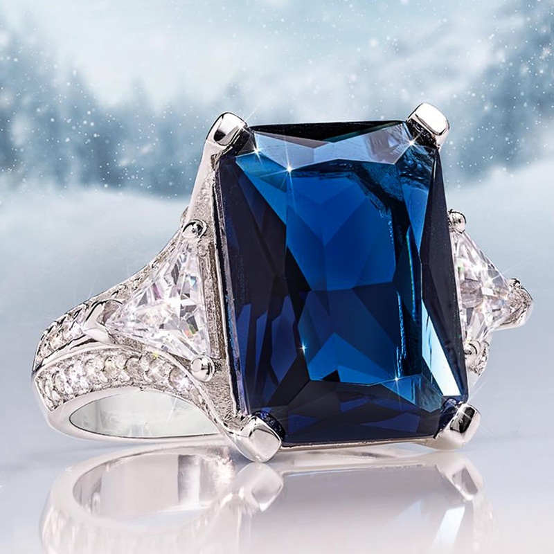 Huitan Prachtige Vrouwen Ring Deep Blue Zirkoon Met Ronde/Driehoek Cz Lady Bruiloft Sieraden Ring Luxe Ring