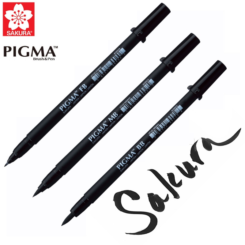 Sakura Pigma cepillo pluma pincel de conjunto bien medio y audaz arte marcador 3-PC negro tinta impermeable Flexible plumas de archivo tinta