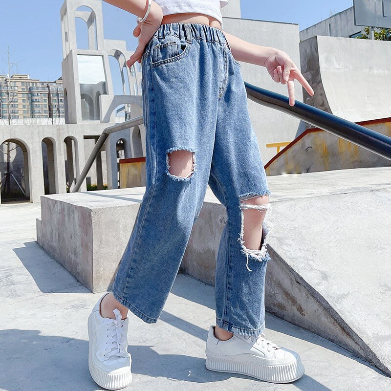 Pantalones vaqueros rasgados para niña adolescente, Jeans de estilo Hip-hop, para niño, pantalones cortos finos medianos y grandes para niño, primavera y otoño