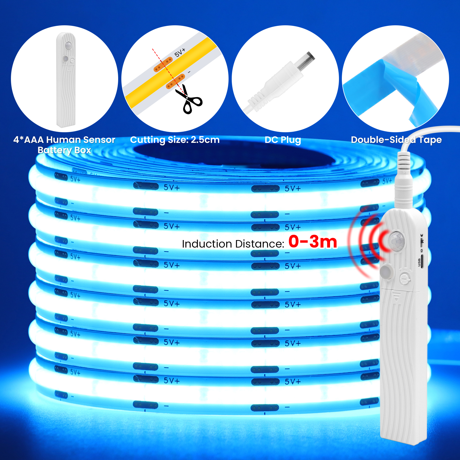 Tira de luces LED COB con Sensor humano, batería 4AAA, cinta LED Flexible regulable de 5V con cinta adhesiva para retroiluminación de armario y dormitorio