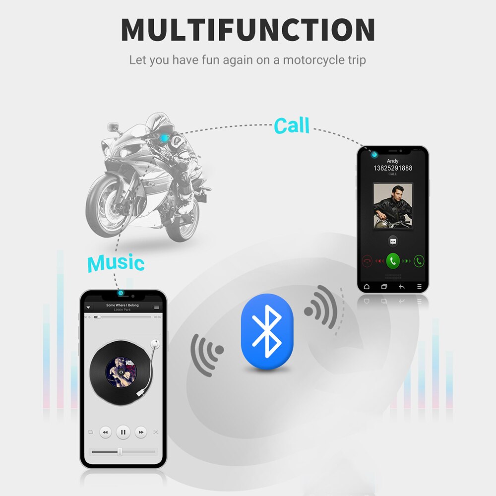 Helmet Intercom Motorcycle Bluetooth 5.0 Wireless Hands-Free Telephone Call Kit Stereo Anti-Interference Interphone Music Player