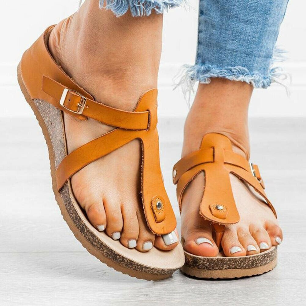 Women Summer T-Strap Cork Sandals Soft Footbed Sandals Shoes Women Slippers Flat Sole Casual Soft Big Toe Foot Sandal