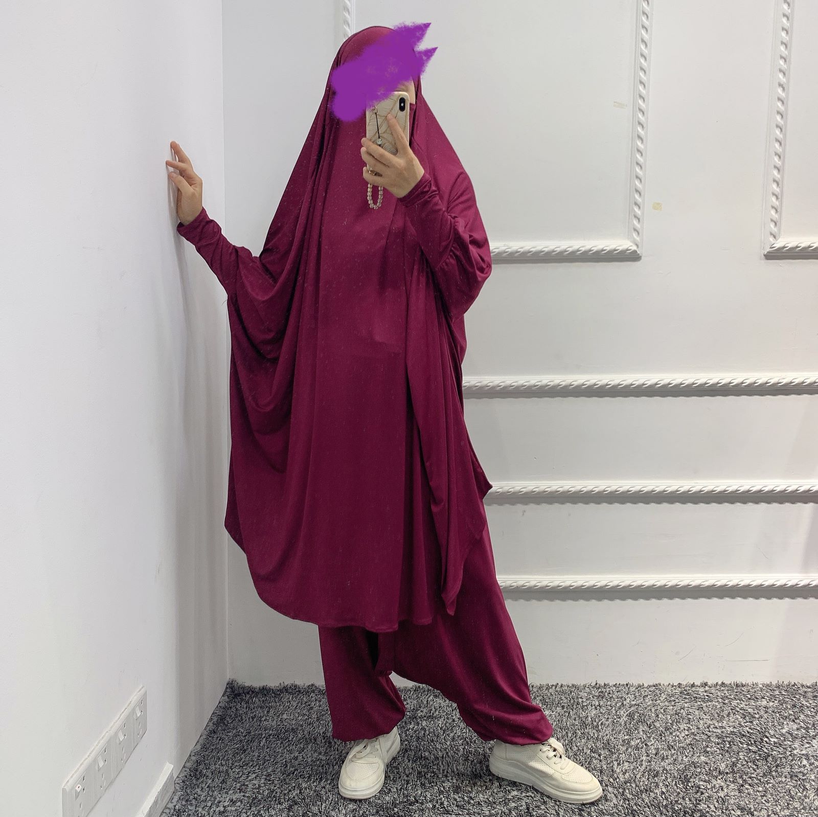Muslim Macthing Outfit Dress Abaya 2pcs Set Women Jilbab Khimar Hijab Islamt Prayer djellaba femme Niqab Turkey Dubai Clothing: Dark purple