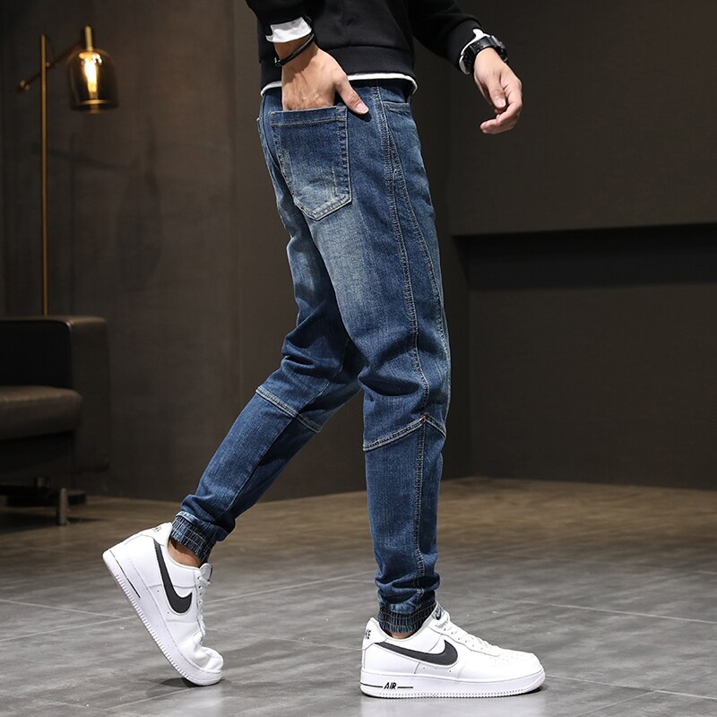 Joggingbukser til mænd jeans elastisk talje snøre blå afslappet tilspidsede herrebukser mænd oversize bukser jeans 42
