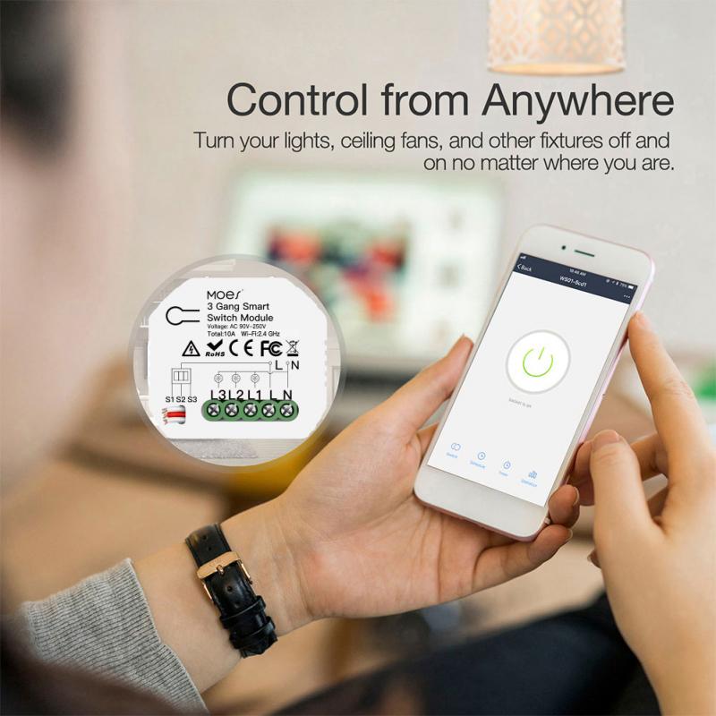 WiFi Smart Light Switch Module 3 Gang 1/2 Way Mini DIY Switch Module Tuya/Smart Life App Works With Alexa Google Home