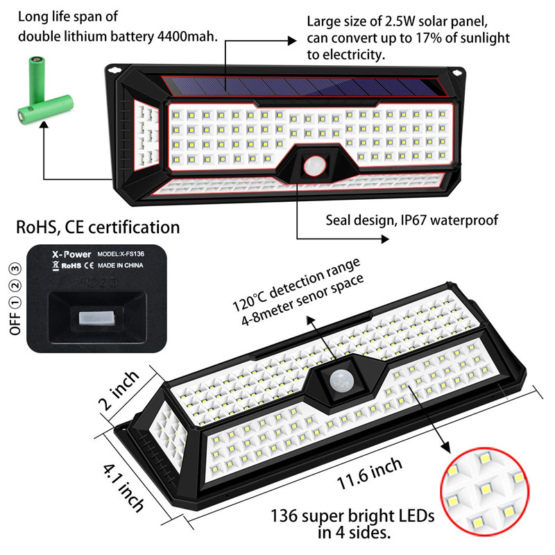 136 Led 1810LM Tuin Zonne-verlichting Solar IP67 Waterdichte Led Wandlamp Outdoor 3 Modes 270 Graden Solar Pir Motion sensor Lamp