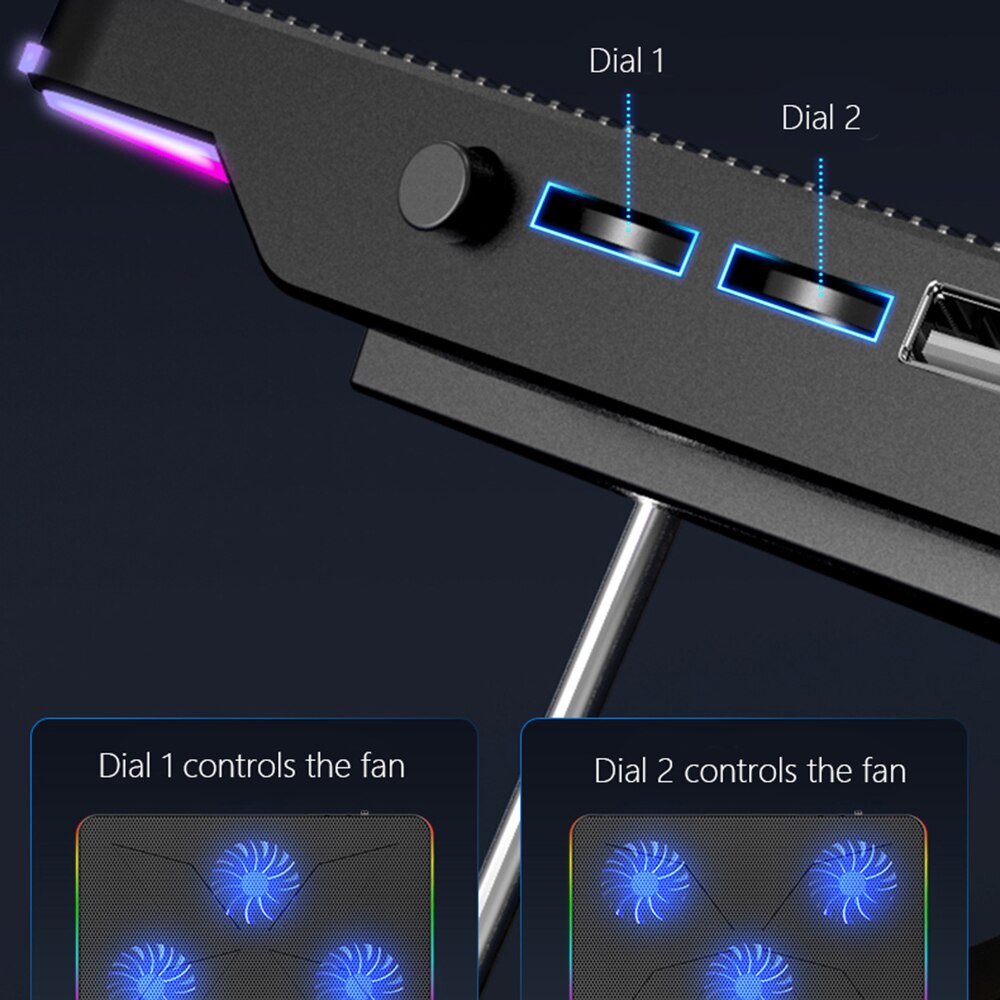 Coolcold RGB Gaming Laptop Cooler 12-17 Inch,Six Fan Cooling Bracket With Led Screen,Notebook Cool Stand Two USB Ports