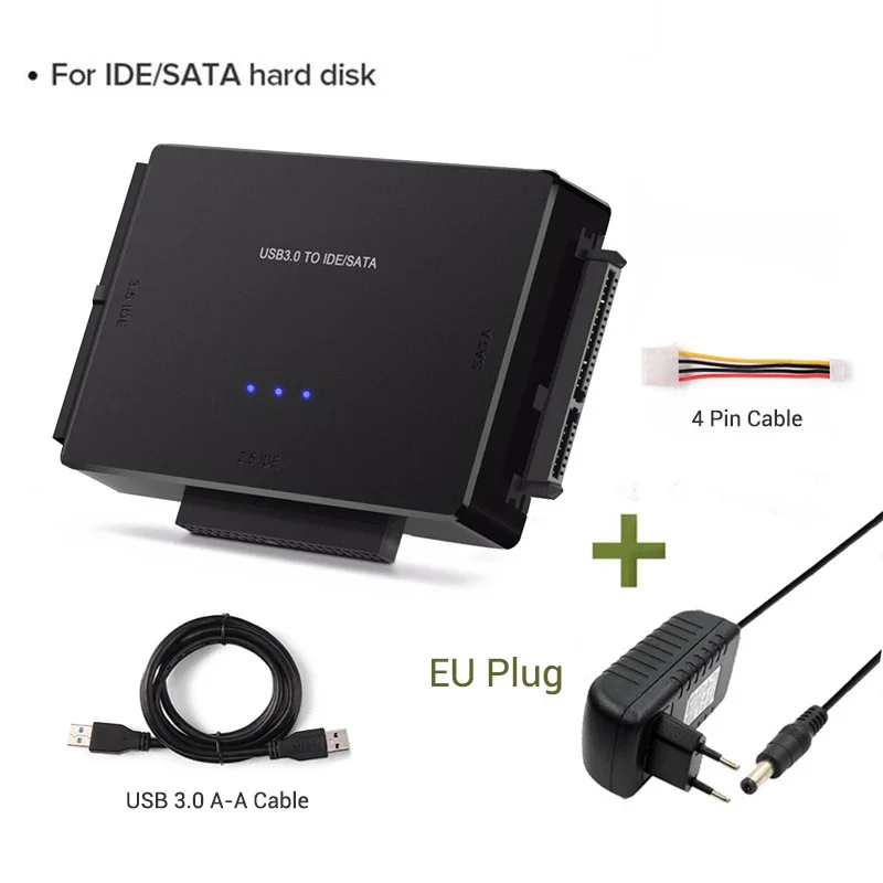 USB 3.0 zu SATA IDE Adapter Festplattenadapter Konverter für 2,5"/3,5" SATA/IDE/SSD Festplatten mit 12V 2A Netzteil: dunkel Grau
