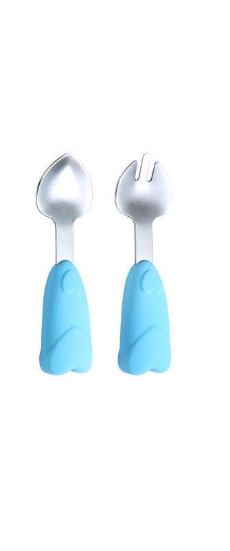 3Pcs/set Baby Silicone Bowl Infant Food Grade Complementary Feeding Tableware Set Baby Toddler Training Spoon Fork Set with Box: blue fork spoon