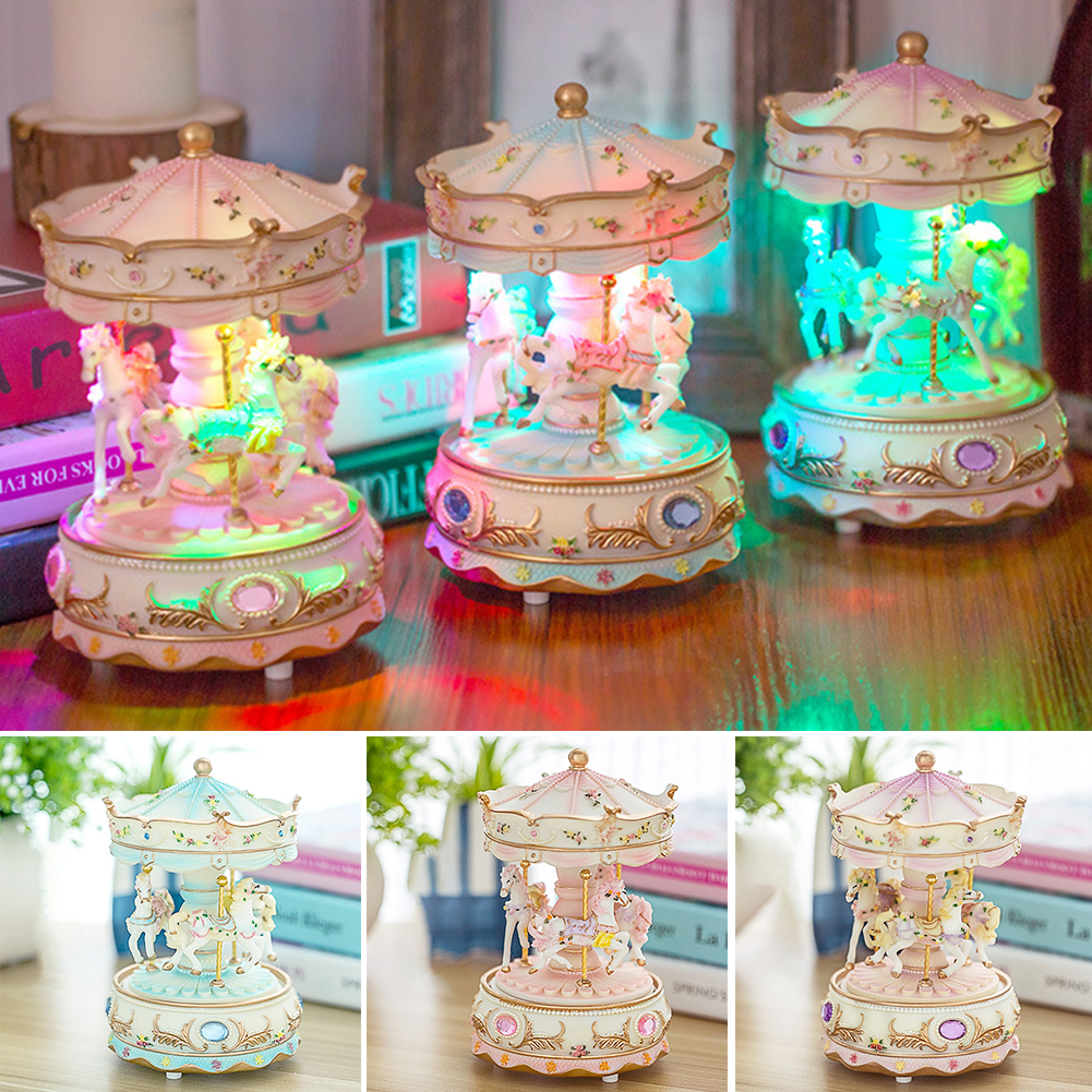 Speelgoed Hars Retro Luxe Carrousel Valentijnsdag Handwerk Thuis Kid Muziekdoos Bruiloft Uurwerk Mechanisme Led Light Decor