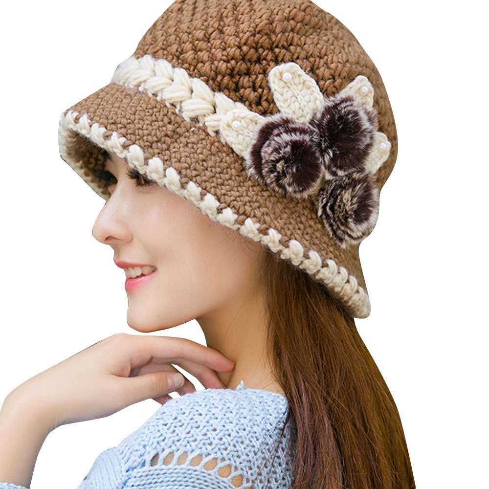 Ears Hat Knitted Women Cap Newly Lady Winter Warm Crochet Flowers Decorated Ears Hat Mujer: Black