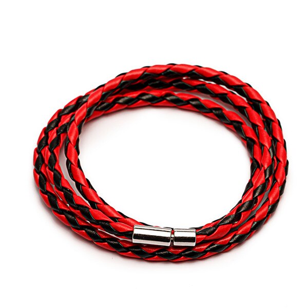 Pulsera trenzada de cuero sintético de tres capas para hombre y mujer, joyería, cierres de cuero multicapa, Charm: Red Black