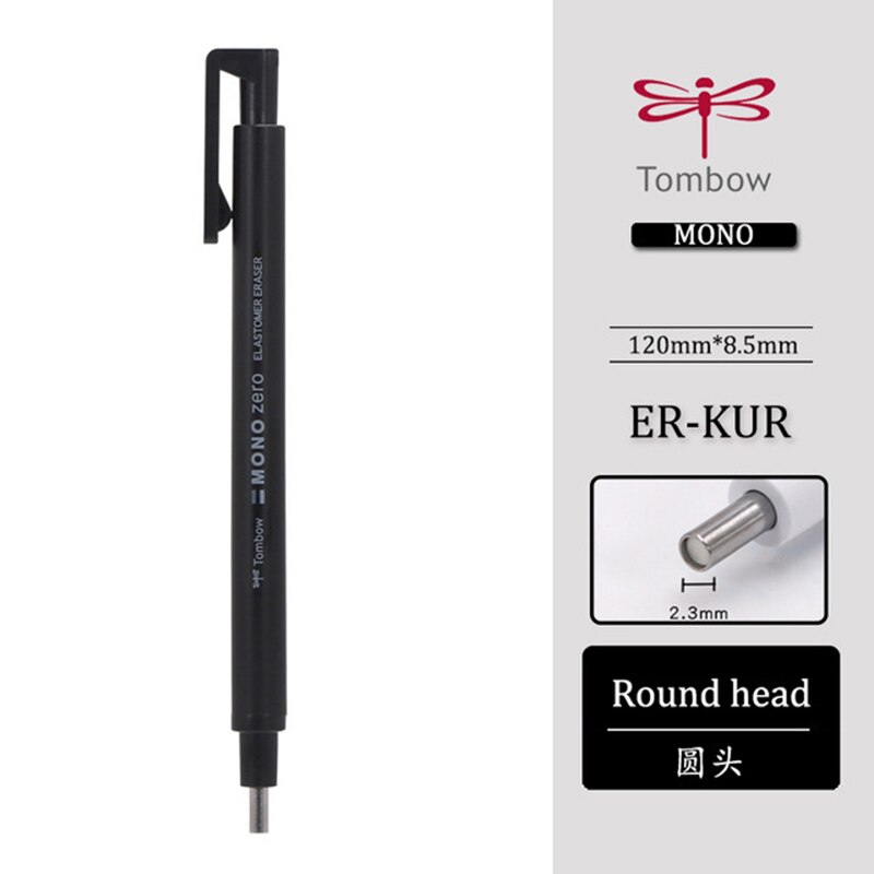 Borrador tombow mono zero, borrador mecánico, resaltado meticuloso, forma de bolígrafo recargable, prensa de goma, tipo de papelería escolar: Redondo negro