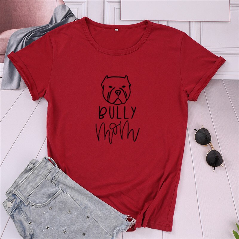 Camiseta de manga corta con cuello redondo para mujer, camisa UNISEX con estampado de Bully dog mom, 100% algodón, Harajuku,